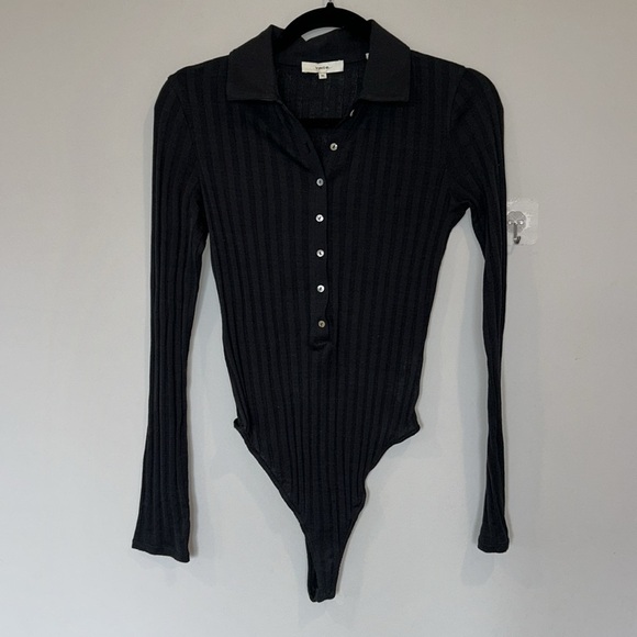 Vince Polo Ribbed Button Up Thong Bodysuit Black - Picture 5 of 9